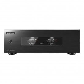 Front panel of the black Eversolo AMP-F8 power amplifier with dual VU meters and power button