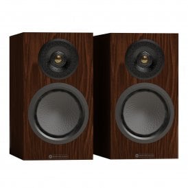 Monitor Audio Silver 50 8G bookshelf speakers in walnut finish, pair, front angled view